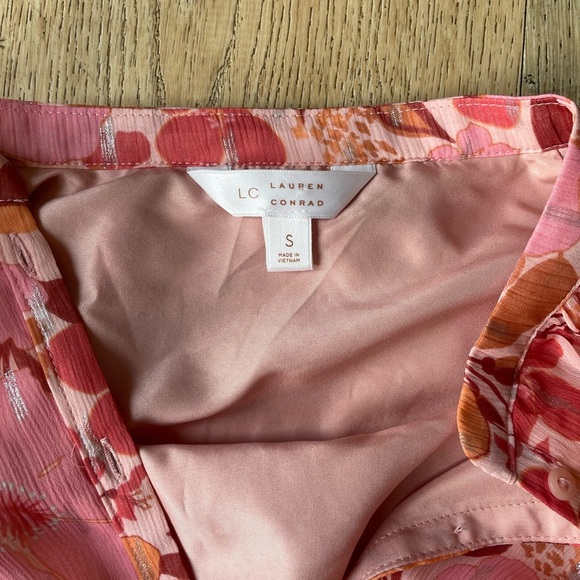 LC Lauren Conrad Pink Orange Floral Ruffle Belted Mini Dress Size S garden party - Picture 3 of 4